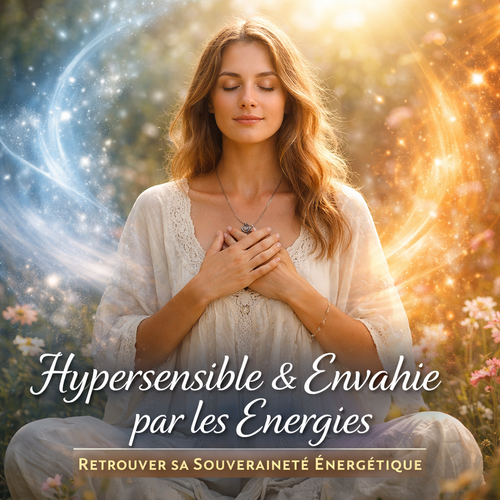 Femme hypersensible méditant entourée d’énergies lumineuses symbolisant la souveraineté énergétique et la stabilité intérieure